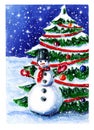 Watercolor winter scene with snowman and snofall. cute seasonal landscape with smiling snowman near spruce christmas tree. merry