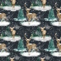 Watercolor winter seamless pattern with deer, snowfall and forest landscape. Hand drawn buck, fawn deer and fir trees Royalty Free Stock Photo