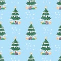 Watercolor Winter seamless pattern with fir tree, snow, gift boxes. Hand drawn