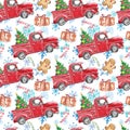 Watercolor winter seamless pattern with red Christmas truck, festive fir tree ,candy cane, gingerbread men, snowflakes on white Royalty Free Stock Photo