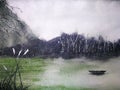 Watercolor winter season lake landscape boat and grass with mountains fog. Traditional oriental. asia art style Royalty Free Stock Photo