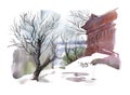 Watercolor winter sketch of building and trees near the river.