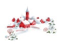 Watercolor winter snowy christmas time red house town landscape scenery fir trees