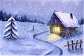 Watercolor winter snowy night landscape. cute night snowfall scene outdoor. country house with light in window and dark forest in Royalty Free Stock Photo