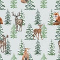 Watercolor winter snowy pine trees and wild animals seamless pattern. Deer, cute fox, winter forest, on gray background Royalty Free Stock Photo