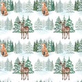 Watercolor winter snowy pine trees and wild animals seamless pattern. Horned reindeer, cute fox, winter forest, on white Royalty Free Stock Photo