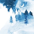 Watercolor winter vector landscape with forest under night sky in blue and white colors. ÃÂ¡oniferous forest, snow, moon and