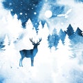 Watercolor winter vector landscape with forest under night sky in blue and white colors. ÃÂ¡oniferous forest, snow, moon and Royalty Free Stock Photo