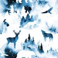 Watercolor winter vector seamless pattern with forest and animals under night sky in blue and white colors. Wild animals Royalty Free Stock Photo