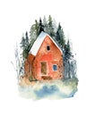 Watercolor winter view on forest cabin, watercolor winter forest scene Royalty Free Stock Photo