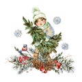 Watercolor Winter Vintage Illustration, Cute Little Girl In White Hat Holds Christmas Tree, New Year Greeting Card Of Fir Branches