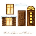 Watercolor winter wodden doors with windows and luminous window in vintage style on white background. Hand drawing of Royalty Free Stock Photo