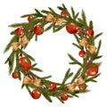 Watercolor winter wreath with fir branches, red Christmas tree balls, golden ribbon bows isolated on white background Royalty Free Stock Photo