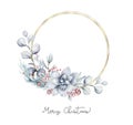 Watercolor winter wreath frame set. Branches with red holly berries. Round New year and Christmas frames with place for date, Royalty Free Stock Photo