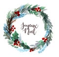 Watercolor winter wreath. Hand painted tree wreath with floral branches, berries, leaves Royalty Free Stock Photo