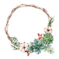 Watercolor winter wreath with succulents. Hand painted cacti, rosemary, rosemary leaves and branches, cotton flowers