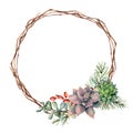 Watercolor winter wreath with succulents, pine tree branch, berries and eucalyptus. Hand painted cacti, rosemary