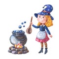 Watercolor witch cooking in cauldron. Halloween girl with a big magic pot Royalty Free Stock Photo