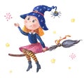 Watercolor witch is flying on a broom. Cute girl Royalty Free Stock Photo
