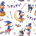 Watercolor witch is flying on a broom. Seamless pattern with cute girl, black cat Royalty Free Stock Photo