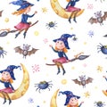 Watercolor witch is flying on a broom. Seamless pattern with cute girl Royalty Free Stock Photo