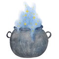 Watercolor witch illustration for halloween. Magic cauldron with blue potion isolated on white background.