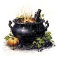 Watercolor witch\'s cauldron, boiling magic potion. Generative Ai