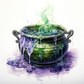 Watercolor witch\'s cauldron, boiling magic potion. Generative Ai