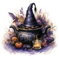 Watercolor witch\'s cauldron, boiling magic potion. Generative Ai