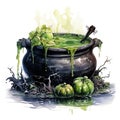 Watercolor witch\'s cauldron, boiling magic potion. Generative Ai