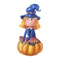 Watercolor witch sitting on pumpkin. Illustration for Halloween holiday. Royalty Free Stock Photo