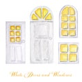 Watercolor wodden doors and luminous windows in vintage style on white background. Hand drawing of white door set. Royalty Free Stock Photo