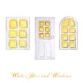 Watercolor wodden doors and windows in vintage style on white background. Hand drawing of white door set. Royalty Free Stock Photo