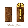 Watercolor wodden doors with windows in vintage style on white background. Hand drawing of dark brown wood door set. Royalty Free Stock Photo