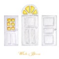 Watercolor wodden doors with windows in vintage style on white background. Hand drawing of white door set. Royalty Free Stock Photo