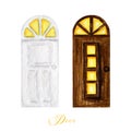 Watercolor wodden doors with windows in vintage style on white background. Hand drawing of white and dark brown door set Royalty Free Stock Photo