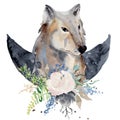 Watercolor wolf Animal composition Hand drawn illustration