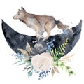 Watercolor wolf Animal composition Hand drawn illustration