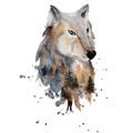 Watercolor wolf illustration wild forest animal with double exposure effect