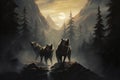 Watercolor wolves prowl the forest, their presence magnified by the radiant full moon above Royalty Free Stock Photo