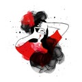 Watercolor woman emotion black red bright illustration photographer, gesture frame, Asian style