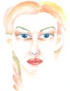 Watercolor woman face, portrait young lady, illustration avatar