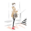 Watercolor woman with hand bag, fashion illustration Royalty Free Stock Photo