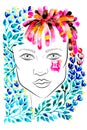 Watercolor woman portrait with blue flowers and dreads. Gemini zodiac sign. Vector illustration.