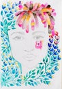 Watercolor woman portrait with blue flowers and dreads. Gemini zodiac sign.