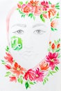 Watercolor woman portrait with flowers. Capricorn zodiac sign.