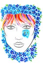 Watercolor woman portrait with flowers. Virgo zodiac sign. Vector illustration.