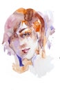 Watercolor woman portrait head brightful color spots Royalty Free Stock Photo