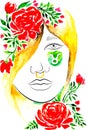 Watercolor woman portrait with pink flowers. Taurus zodiac sign. Vector illustration. Royalty Free Stock Photo