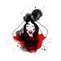 Watercolor woman scream emotion black red bright illustration Asian style